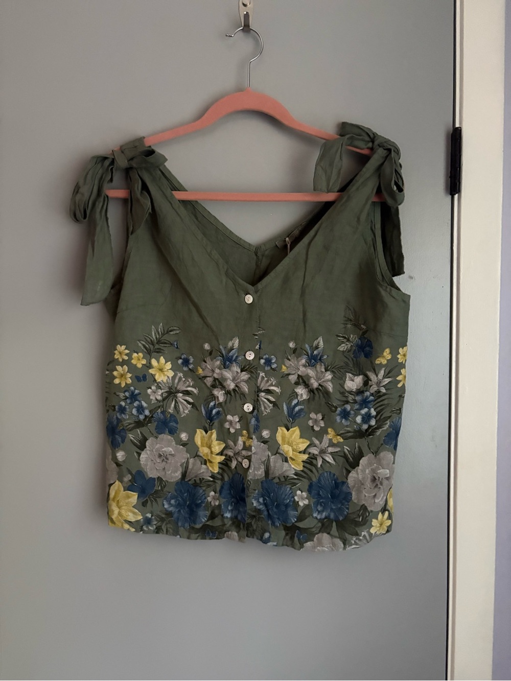 Women’s Olive Green Floral Tie-Shoulder  linen  Top
